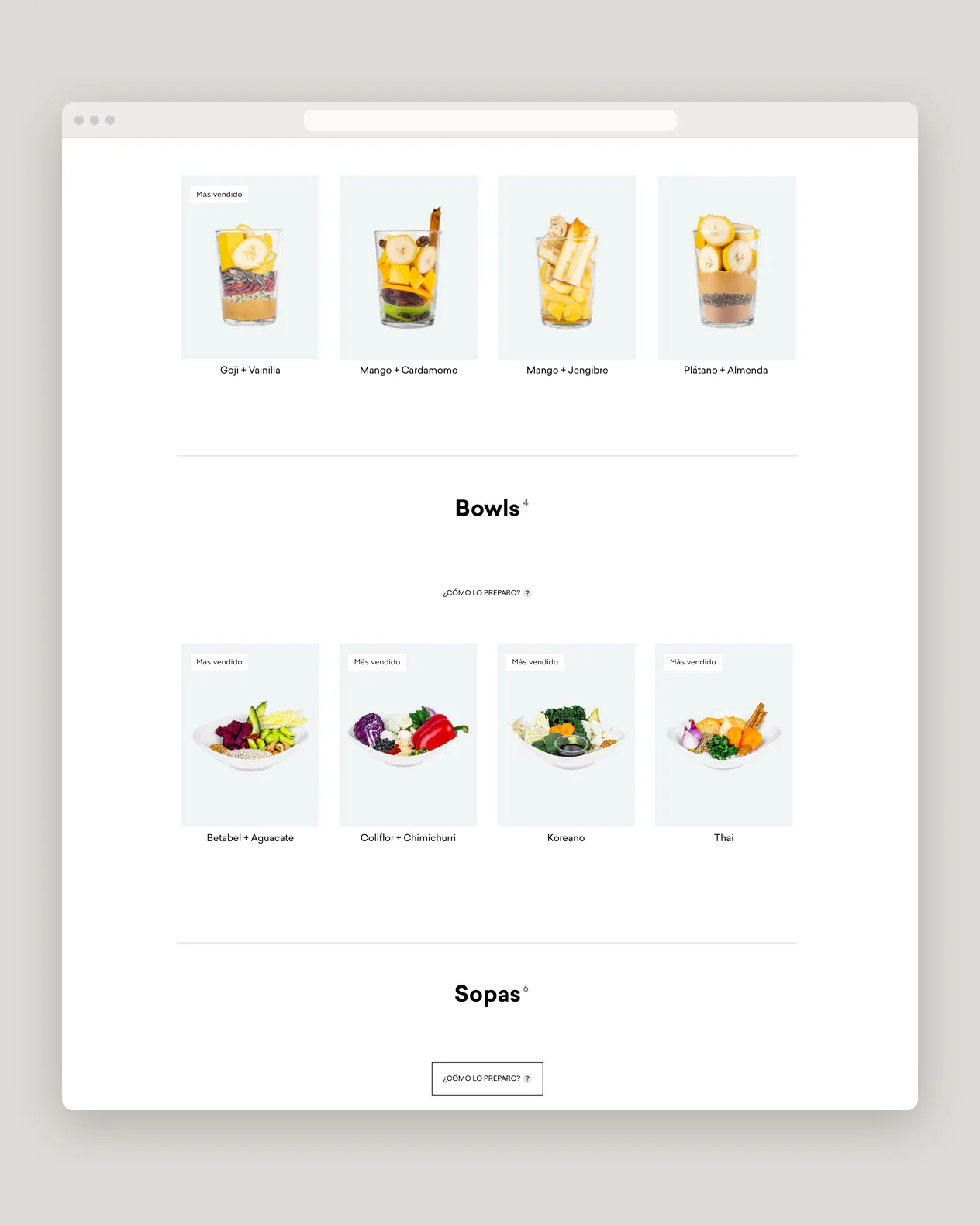 Lista de la tienda con smoothies y bowls, y el título de las sopas, en una ventana de navegador sobre gris claro.