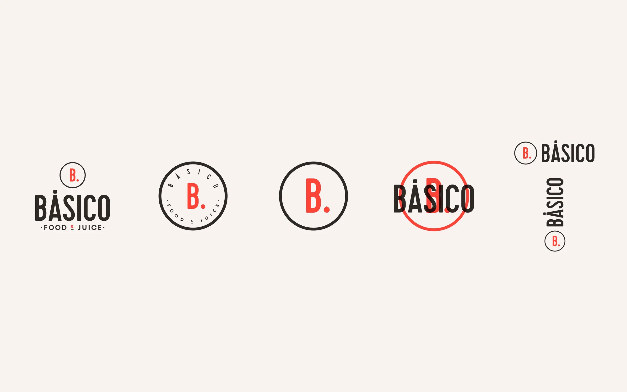 Las versiones del logotipo de Básico en una sola lámina: el primario, el sello redondo, el isotipo, BÁSICO sobre el círculo rojo de la B., y el logotipo en horizontal y en vertical.