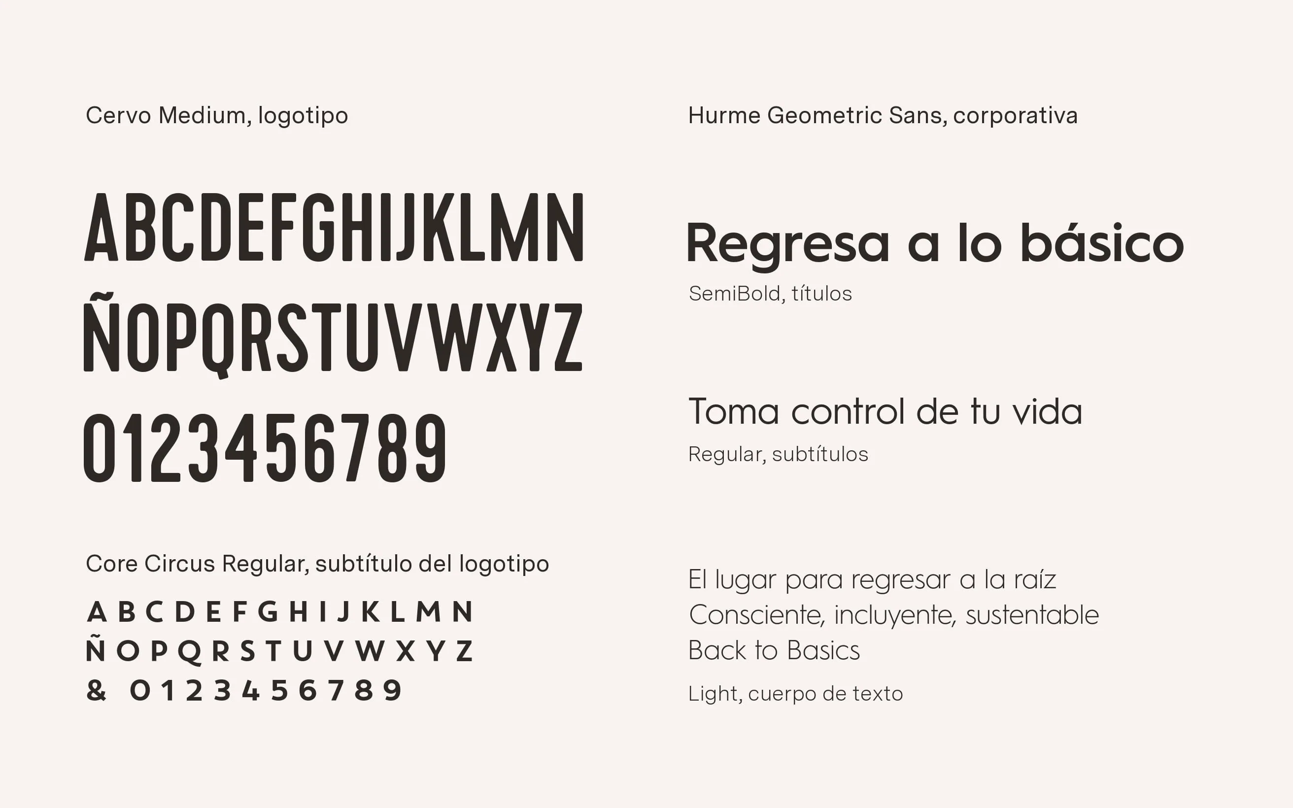 Muestra tipográfica de Básico: Cervo Medium y Core Circus Regular para el logotipo, y Hurme Geometric Sans en SemiBold, Regular y Light.