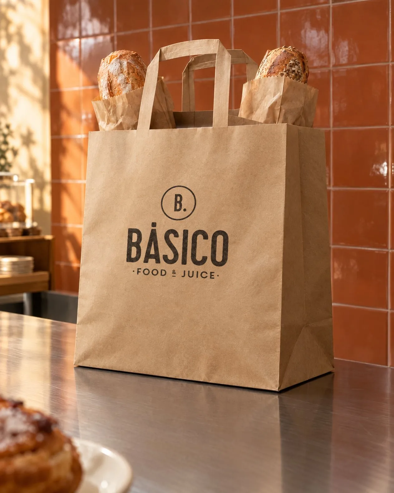 Bolsa de papel kraft con el logotipo de Básico en negro; arriba asoman dos panes, cada uno en su bolsita de papel.